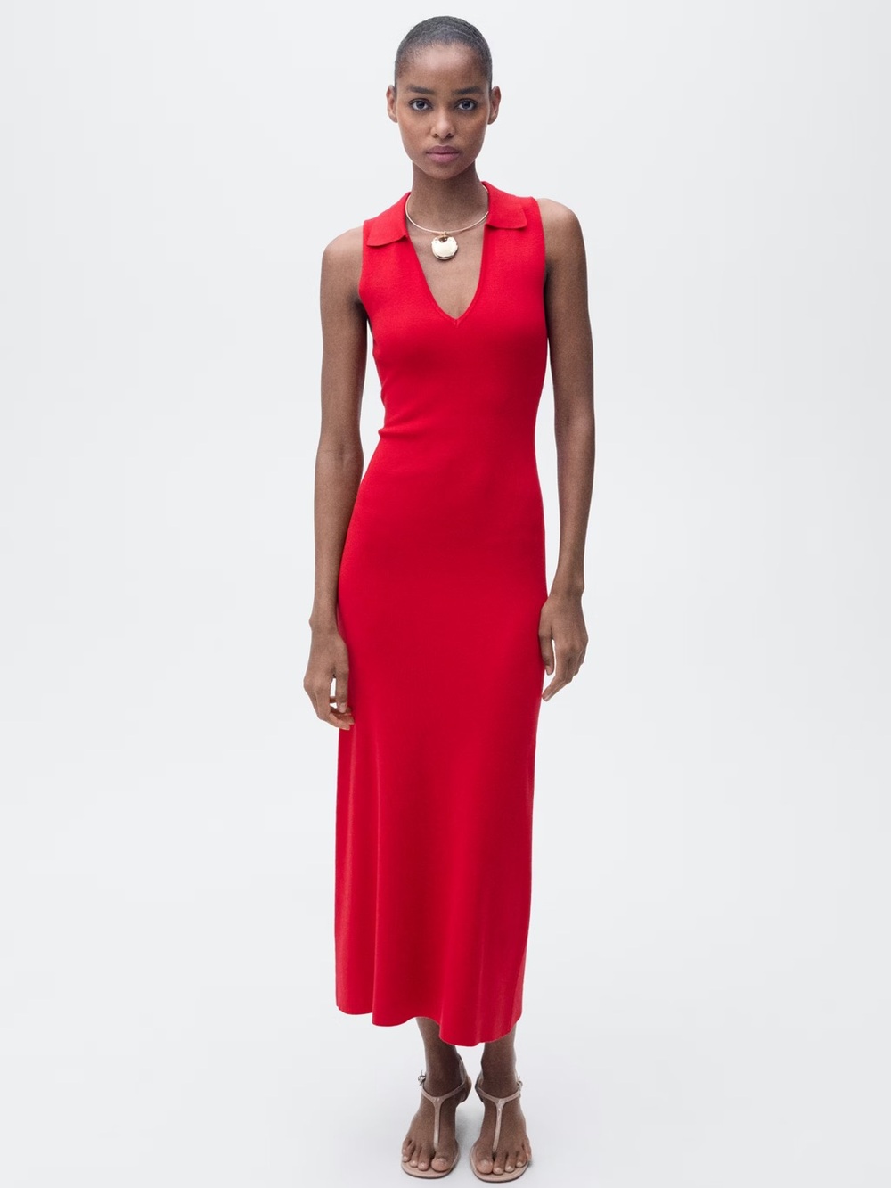 Mango Red knitted midi dress with lapels NWT
